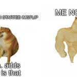 i changed so much. | ME NOW:; ME WHEN I STARTED IMGFLIP; aaaa. adds what is that | image tagged in cheems vs buff doge,evolved | made w/ Imgflip meme maker