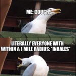 Calm the heck down everyone | ME: GETS A TICKLE IN MY THROAT; ME: COUGHS; LITERALLY EVERYONE WITH WITHIN A 1 MILE RADIUS: *INHALES*; CORONA | image tagged in screaming seagull,corona,funny,relatable,meme | made w/ Imgflip meme maker