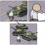 Guy holding paper to tanks meme