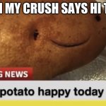 Uh Oh... Potato Has a Crush | WHEN MY CRUSH SAYS HI TO ME | image tagged in local potato happy today | made w/ Imgflip meme maker