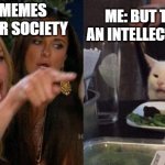 Meme= Smort | PEOPLE: MEMES ARE BAD FOR SOCIETY; ME: BUT THEY HAVE AN INTELLECTUAL ORIGIN | image tagged in woman screaming at cat | made w/ Imgflip meme maker