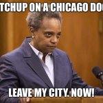 Mayor Chicago | KETCHUP ON A CHICAGO DOG? LEAVE MY CITY. NOW! | image tagged in mayor chicago | made w/ Imgflip meme maker