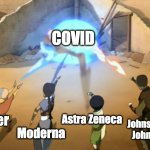 vaccines fighting covid | COVID; Pfizer; Astra Zeneca; Moderna; Johnson & 
Johnson | image tagged in avatar | made w/ Imgflip meme maker