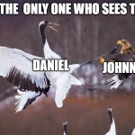 karate kid irl | AM I THE  ONLY ONE WHO SEES THIS? DANIEL; JOHNNY | image tagged in crane kick | made w/ Imgflip meme maker