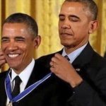 Barrack Obama giving medal to himself