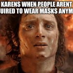 It's Finally Over | KARENS WHEN PEOPLE ARENT REQUIRED TO WEAR MASKS ANYMORE | image tagged in memes,it's finally over,trololol,funny,so so dank | made w/ Imgflip meme maker