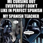 Spanish | ME CURSING OUT EVERYBODY I DON'T LIKE IN PERFECT SPANISH MY SPANISH TEACHER | image tagged in darth vader acceptable | made w/ Imgflip meme maker