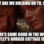 What are we holding on to, Sam? | WHAT ARE WE HOLDING ON TO, SAM? THAT THERE'S SOME GOOD IN THE WORLD, MR. FRODO. BARTLEY'S BURGER COTTAGE IS STILL OPEN. | image tagged in frodo and sam cry | made w/ Imgflip meme maker