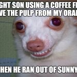 Sunny D reminds me of the drink Tang when I was a kid. | CAUGHT SON USING A COFFEE FILTER TO REMOVE THE PULP FROM MY ORANGE JUICE; WHEN HE RAN OUT OF SUNNY D | image tagged in embarrassed grin,son,caught,genius | made w/ Imgflip meme maker