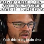 am i wrong or am i wrong | - PLANTS GET ENERGY FROM THE SUN
-SUN KILLS HUMANS ANNUALLY
- PLANTS GET ENERGY FROM HUMANS | image tagged in this is big brain time,memes,sun,energy | made w/ Imgflip meme maker