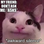 Hmmmmmmmm...Lemme think... | MY FRIEND: DON'T ASK; ME: *ASKS* | image tagged in awkward silence cat,lol so funny,lol,hahahaha,haha | made w/ Imgflip meme maker