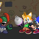 whittails and tricky vs sonic tails and tankman | image tagged in whitty backalley,friday night funkin,tails,sonic,whitty,tricky | made w/ Imgflip meme maker