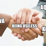 The Useless Three | AQUA; MIWA; BEING USELESS; KOBENI | image tagged in triple handshake,konosuba,jujutsu kaisen,chainsaw man,csm,jjk | made w/ Imgflip meme maker