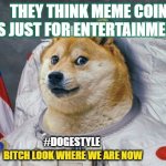 Elon Musk must in absolute entertainment to make doge coin so fun! | THEY THINK MEME COIN IS JUST FOR ENTERTAINMENT; #DOGESTYLE; BITCH LOOK WHERE WE ARE NOW | image tagged in cryptos ready for lift off | made w/ Imgflip meme maker