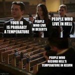 Hell kelvin | PEOPLE WHO LIVE IN HELL; YOUR IQ IS PROBABLY A TEMPERATURE; PEOPLE WHO LIVE IN DESERTS; PEOPLE WHO RECORD HELL’S TEMPERATURE IN KELVIN | image tagged in stick up | made w/ Imgflip meme maker