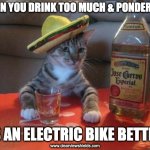 Tequila Cat Ponder | WHEN YOU DRINK TOO MUCH & PONDER LIFE; ...IS AN ELECTRIC BIKE BETTER? www.clearviewshields.com | image tagged in tequila cat,motorcycle,motorcycles,memes | made w/ Imgflip meme maker