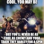 Yoda & Chewy | COOL, YOU MAY BE; BUT YOU'LL NEVER BE AS COOL AS CHEWY AND YODA TAKIN THEY HARLEY FOR A SPIN | image tagged in yoda chewy,you will never be as cool | made w/ Imgflip meme maker