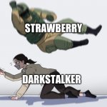 ruh roh | STRAWBERRY; DARKSTALKER | image tagged in man falling on woman,wings of fire | made w/ Imgflip meme maker