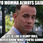yo momma always | YO MOMMA ALWAYS SAID, LIFE IS LIKE A GLORY HOLE. YOU NEVER KNOW WHAT YOU'RE GONNA GET | image tagged in life is like a box of chocolates,yo momma,yo mama,yo mama so,glory,hole | made w/ Imgflip meme maker