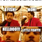 Fish | POV: You're a fish in a tank; A FISH! MOM! HELLOOO!!! LITTLE FISHY!!! | image tagged in the weeknd superbowl | made w/ Imgflip meme maker