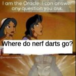 We will never solve this mystery | Where do nerf darts go? | image tagged in the oracle,memes | made w/ Imgflip meme maker