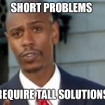 Short problems | SHORT PROBLEMS; REQUIRE TALL SOLUTIONS | image tagged in modern porblems template | made w/ Imgflip meme maker