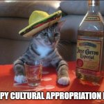 Just an excuse to get drunk in the middle of the week | HAPPY CULTURAL APPROPRIATION DAY! | image tagged in tequila cat,cinco de mayo,cultural appropriation,mexico,funny cat memes | made w/ Imgflip meme maker