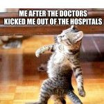 cat walk in walk out | *TELLS COVID-19 PATIENTS TO STAY POSITIVE*; ME AFTER THE DOCTORS KICKED ME OUT OF THE HOSPITALS | image tagged in cat walk in walk out | made w/ Imgflip meme maker