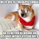 Wholesome advice shibe | HELO DIS IS THERAPIST DOGE; OK SO NOTHIN BE WRONG OK DIS DOGE WISHES U A GUD DAY:D | image tagged in wholesome advice shibe | made w/ Imgflip meme maker