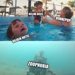 swimming kids | HELLVA BOSS; VINNEPOP; HAZBIN HOTEL; ZOOPHOBIA | image tagged in swimming kids | made w/ Imgflip meme maker