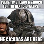 Cicadas are here!!! | EVERY TIME I LEAVE MY HOUSE 
FOR THE NEXT 5-6 WEEKS... THE CICADAS ARE HERE!!! | image tagged in starship troopers | made w/ Imgflip meme maker
