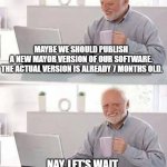 New mayor version maybe ? (Harold) | MAYBE WE SHOULD PUBLISH 
A NEW MAYOR VERSION OF OUR SOFTWARE. 
THE ACTUAL VERSION IS ALREADY 7 MONTHS OLD. NAY, LET'S WAIT 
A LITTLE MORE... | image tagged in harold | made w/ Imgflip meme maker