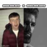 bruh | AVERAGE MEME HATER        VS      AVERAGE MEME ENJOYER | image tagged in gifs,meme fan,meme enjoyer,chad | made w/ Imgflip video-to-gif maker