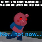 every. single. time. | ME WHEN MY PHONE IS DYING BUT I'M ABOUT TO ESCAPE THE TRUE ENDING | image tagged in not now george pig | made w/ Imgflip meme maker