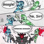 Hogwarts Internet | Google! No, Siri! HERMIONE GRANGER! | image tagged in sword fight argument,harry potter | made w/ Imgflip meme maker