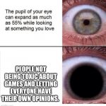 Plz guys don't hate, be fair to everyone | PEOPLE NOT BEING TOXIC ABOUT GAMES AND LETTING EVERYONE HAVE THEIR OWN OPINIONS. | image tagged in the pupil of your eye can expand | made w/ Imgflip meme maker