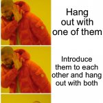 Drake 3 cases | WHEN 2 OF YOUR FRIENDS
WHO DON’T KNOW EACH OTHER
WANT TO HANG OUT WITH YOU
AT THE SAME TIME; Hang out with one of them; Introduce them to each other and hang out with both; Spend time alone | image tagged in drake 3 cases | made w/ Imgflip meme maker