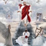JESUS DESCENDS STAIRS, ANGELS, DOVES