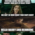 Harry potter and the blood sucking  vampire | EVERYONE SAYING THE NEW TEACHER AGAINST DARK ARTS IS REALLY SCARY; SHE CAN'T BE MORE SCARY THAN SNAPE HARRY; HELLO HARRY AND HERMIONE; I think i'm in love with the new teacher  sorry hermione | image tagged in resident evil,vampire,lady,ron weasley,hermione granger,teacher | made w/ Imgflip meme maker