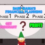 Underpants Gnomes | BABY MAMA'S FINANCIAL PLANNING; PROFIT; GET PREGNANT | image tagged in underpants gnomes | made w/ Imgflip meme maker