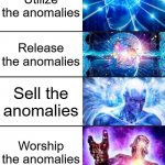I call dibs on making that GoI! | Ignore the anomalies; Destroy the anomalies; Contain the anomalies; Utilize the anomalies; Release the anomalies; Sell the anomalies; Worship the anomalies; Become the anomaly; eat the anomalies; ████ the anomalies | image tagged in 10-tier expanding brain,scp meme,scp,cimmerian | made w/ Imgflip meme maker