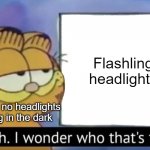 Brilliant drivers | Flashling headlights; Driver with no headlights on driving in the dark | image tagged in garfield looking at the sign,bad drivers,stupid drivers,funny,memes,driving | made w/ Imgflip meme maker