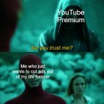 Do You Trust Me? | YouTube Premium; Me who just wants to cut ads out of my life forever | image tagged in do you trust me,the flash,youtube,ads,dc,superbowl | made w/ Imgflip meme maker
