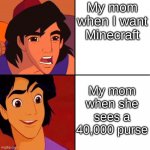 Alladin | My mom when I want Minecraft; My mom when she sees a 40,000 purse | image tagged in alladin,memes | made w/ Imgflip meme maker