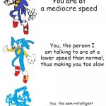 Too Slow | You're too slow! You are at a mediocre speed; You, the person I am talking to are at a lower speed than normal, thus making you too slow; You, the semi-intelligent anthropomorphic animal that I, Sonic the Hedgehog, am currently communicating to, are moving at such a mediocre and slow pace, so that you are too "slow". | image tagged in increasingly verbose sonic | made w/ Imgflip meme maker