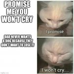 I promise I won't cry | PROMISE ME YOU WON'T CRY; DAD NEVER WANTS A DOG BECAUSE THEY DON'T WANT TO LOSE IT | image tagged in i promise i won't cry | made w/ Imgflip meme maker