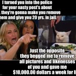 Woman yelling at cat | I turned you into the police for your nasty post's about me, they're gonna make you remove them and give you 20 yrs. in jail. Just the opposite they begged me to remove all pictures and likenesses of you and gave me $10,000.00 dollars a week for life. | image tagged in salad cat | made w/ Imgflip meme maker