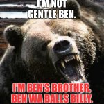 Ben Wa Balls Billy | I’M NOT GENTLE BEN. I’M BEN’S BROTHER, BEN WA BALLS BILLY. | image tagged in angry bear,memes,bad joke,dirty joke,ben,billy | made w/ Imgflip meme maker