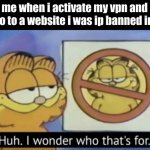 banned | me when i activate my vpn and go to a website i was ip banned in: | image tagged in garfield wonders | made w/ Imgflip meme maker