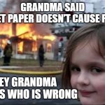 Grandma | GRANDMA SAID
TOILET PAPER DOESN’T CAUSE FIRES HEY GRANDMA  
GUESS WHO IS WRONG | image tagged in burning house girl | made w/ Imgflip meme maker